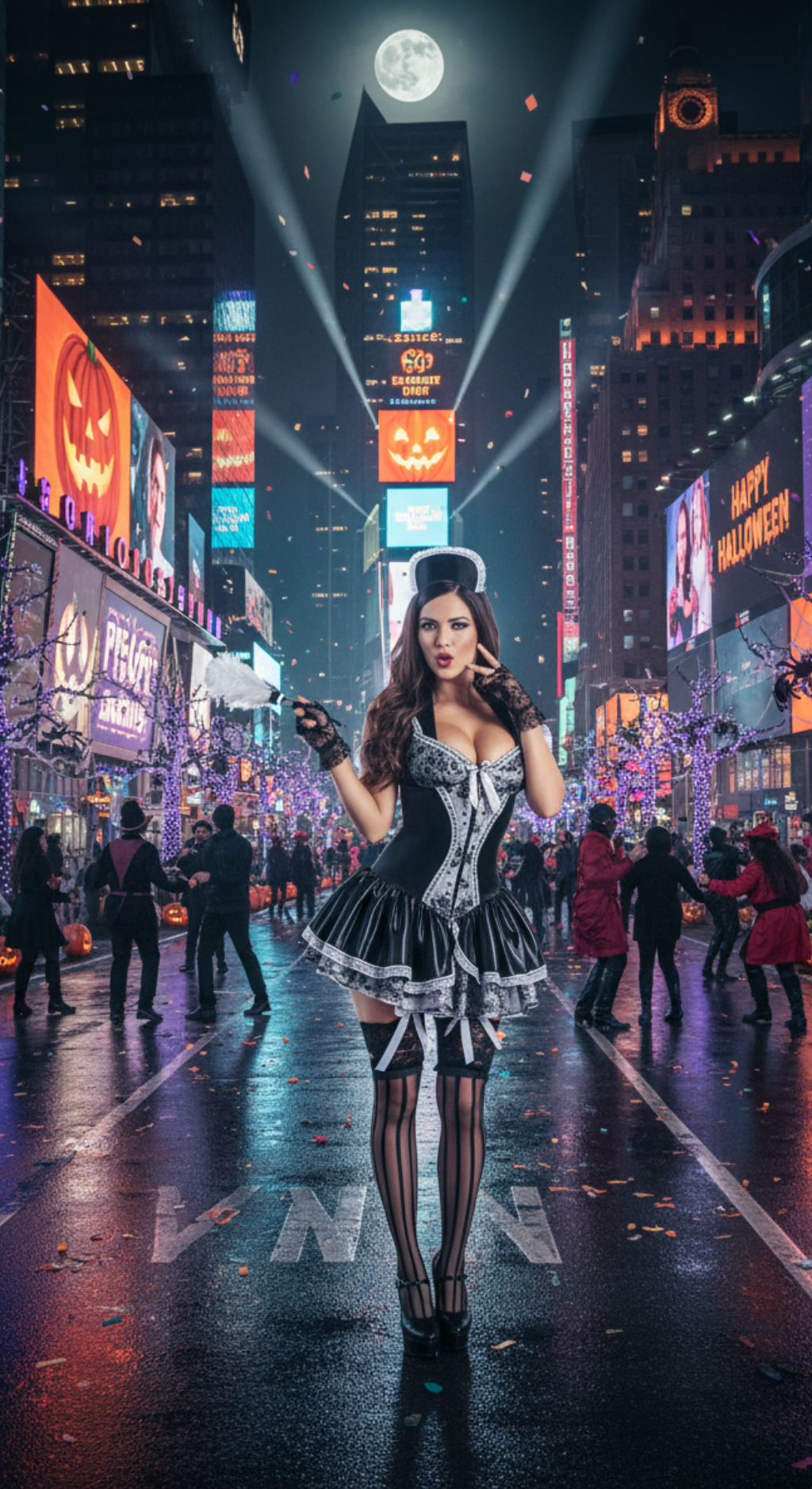 Sexy Maid Costume - Black and White Lace-Up Corset Dress with Headpiece for Halloween