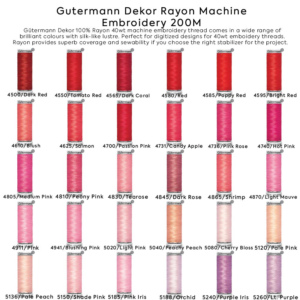 Gutermann Dekor Rayon Machine Embroidery 200M Colors #4500 to #5260