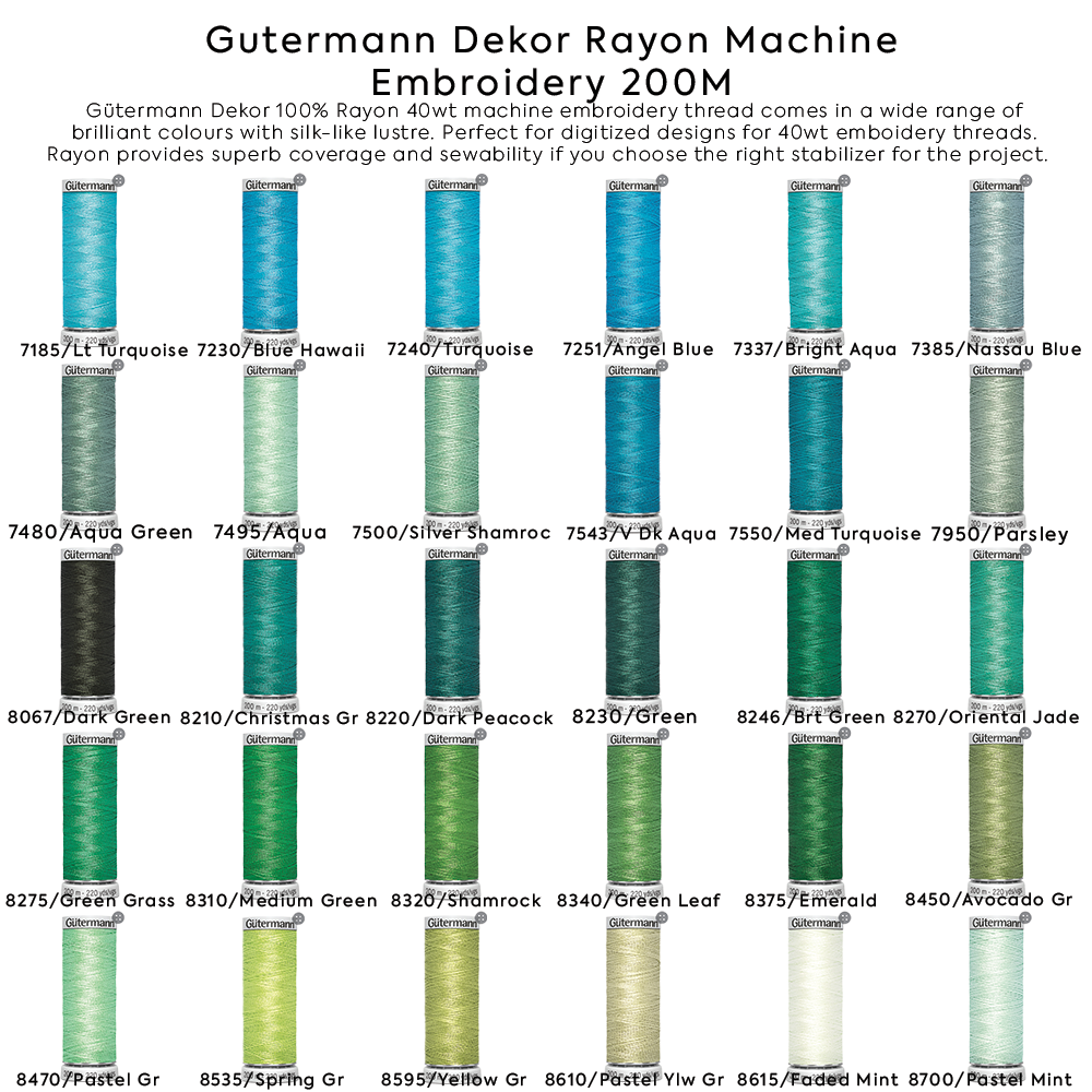 Gutermann Dekor Rayon Machine Embroidery 200M Colors #7165 to #8700