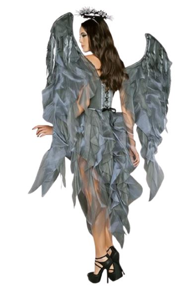 Dark Angel Costume - Silver and Grey Angelic Wings with Ruffled Skirt and Halo for Halloween