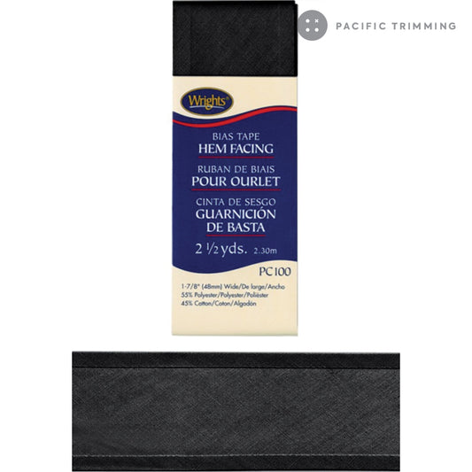 Wrights Bias Tape Hem Facing 1 7/8" Black