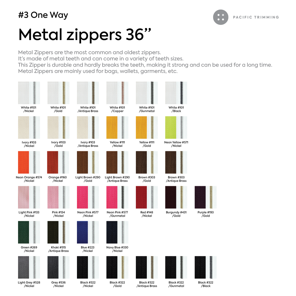 #3 One Way Metal Teeth Zipper 36 Inch Color Chart