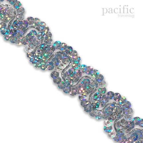 0.63 Inch Sequin Scroll Trim Hologram Silver