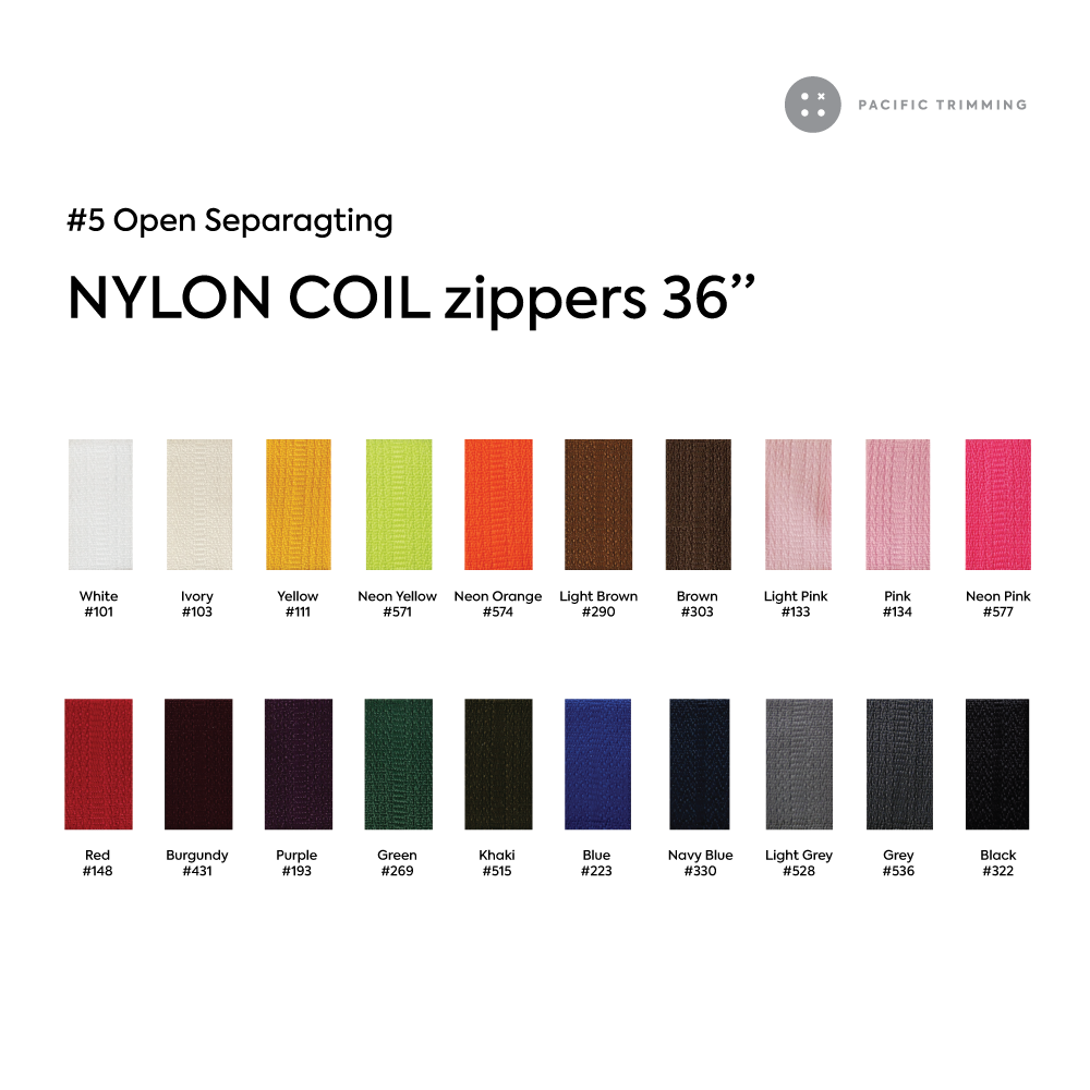 #5 Open Separating Nylon Coil Zipper 36 Inch Color Chart