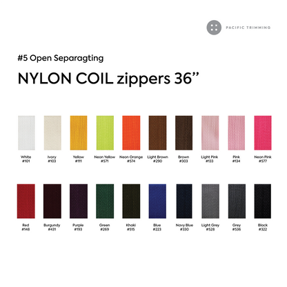 #5 Open Separating Nylon Coil Zipper 36 Inch Color Chart