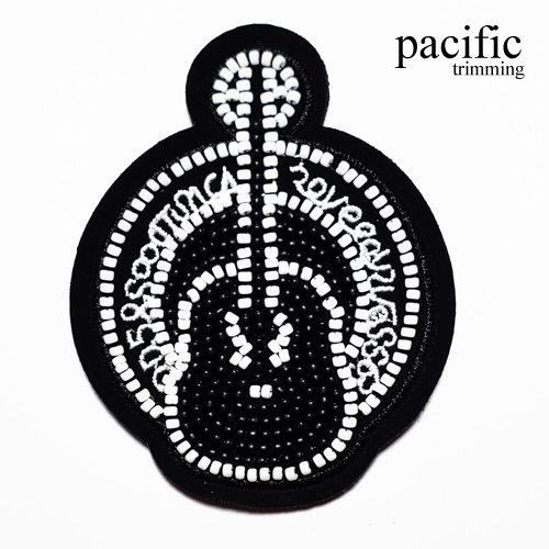 3.38 Inch Beaded Guitar Patch Sew On Black/White