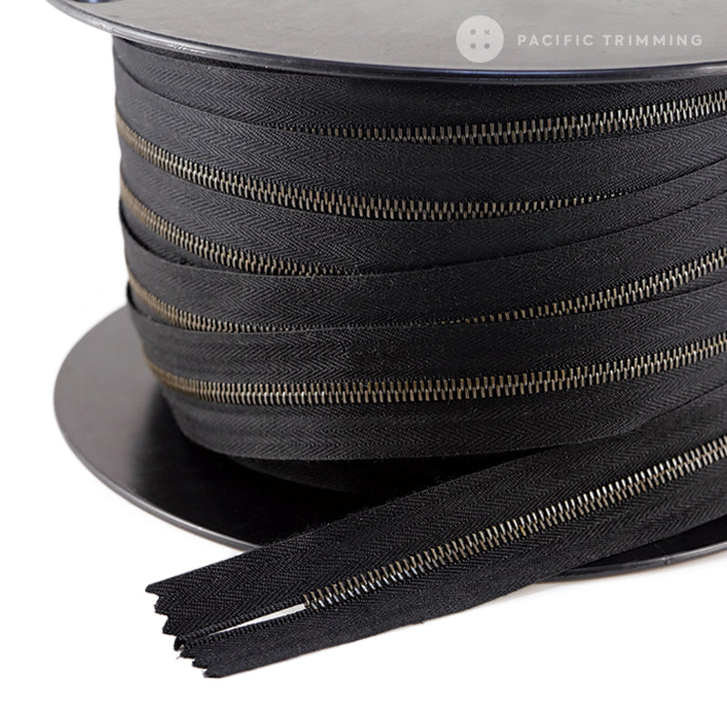 riri Zipper Continuous Chain Black Tape with Antique Brass Teeth