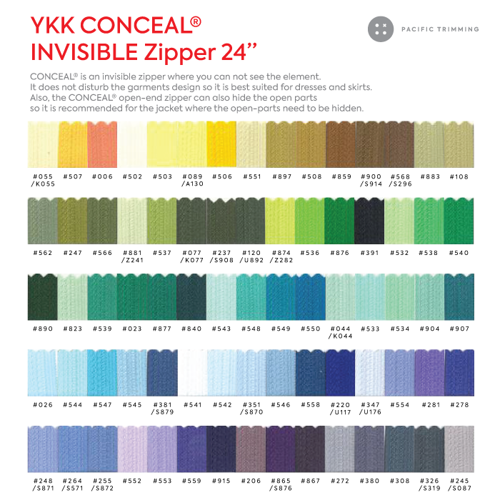 #2 YKK Conceal Invisible Zipper Closed End 24 Inch Color Chart