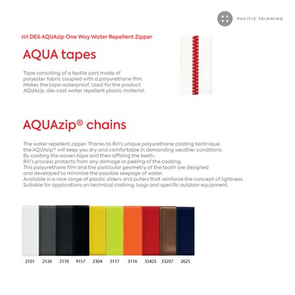riri DE6 AQUAzip One Way Water Repellent Zipper Color Chart
