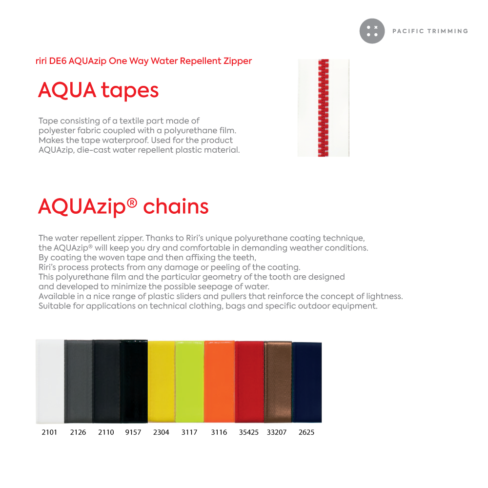 riri DE6 AQUAzip One Way Water Repellent Zipper Color Chart