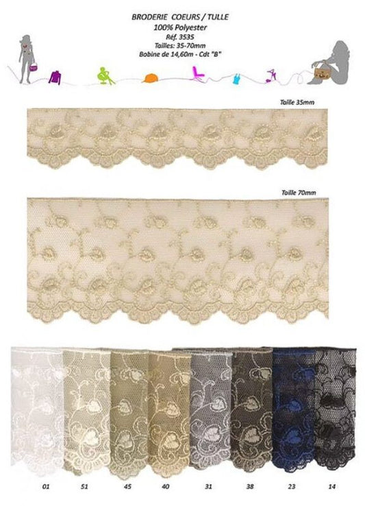 Premium Quality 1 3/8", 2 3/4" Heart Embroidered Tulle Lace