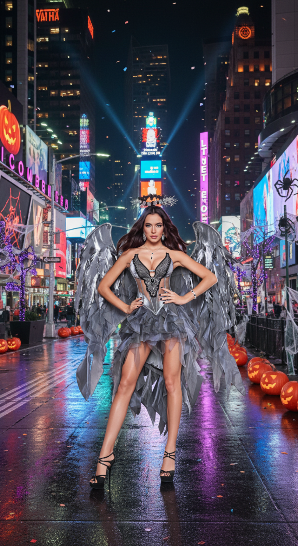 Dark Angel Costume - Silver and Grey Angelic Wings with Ruffled Skirt and Halo for Halloween