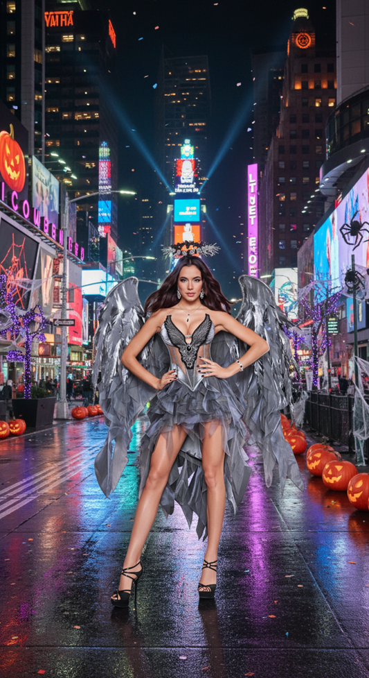 Dark Angel Costume - Silver and Grey Angelic Wings with Ruffled Skirt and Halo for Halloween