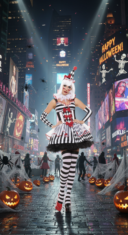 Harlequin Clown Costume - Black and White Striped Dress with Red Accents for Halloween