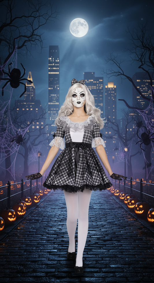 Creepy Doll Costume - Black and White Plaid Dress with Lace Accents for Halloween