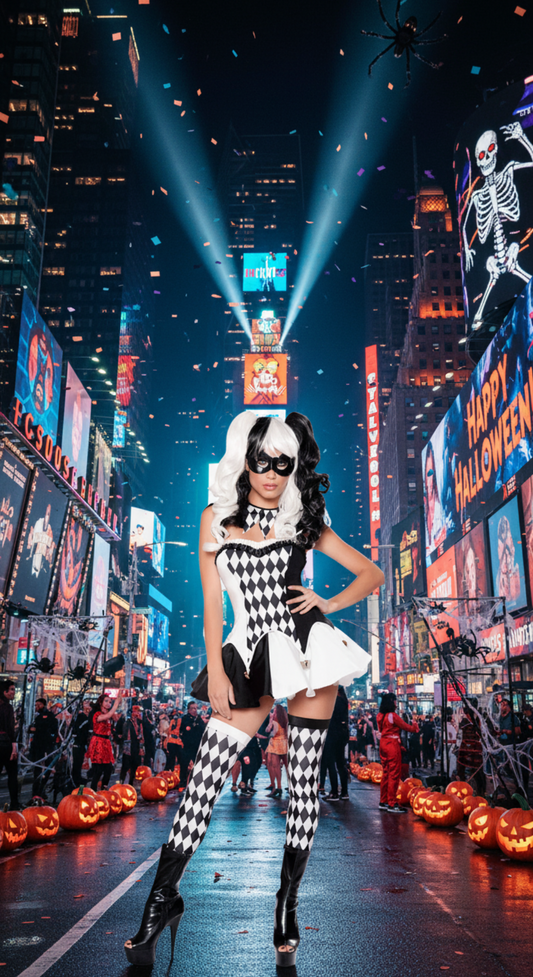 Harlequin Clown Costume - Black and White Diamond Pattern with Mask and Thigh-High Socks for Halloween