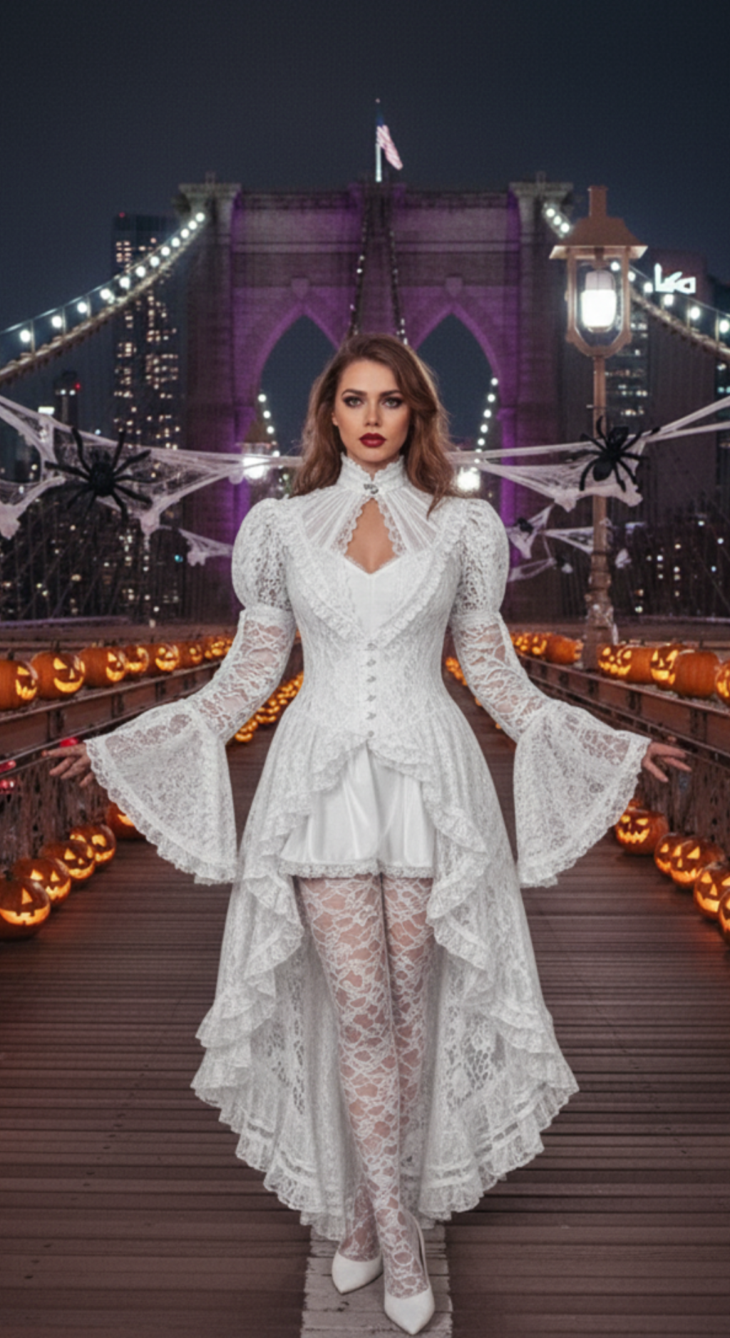 Victorian Lace Gothic Dress - Lace High Neck Dress for Halloween in four colors
