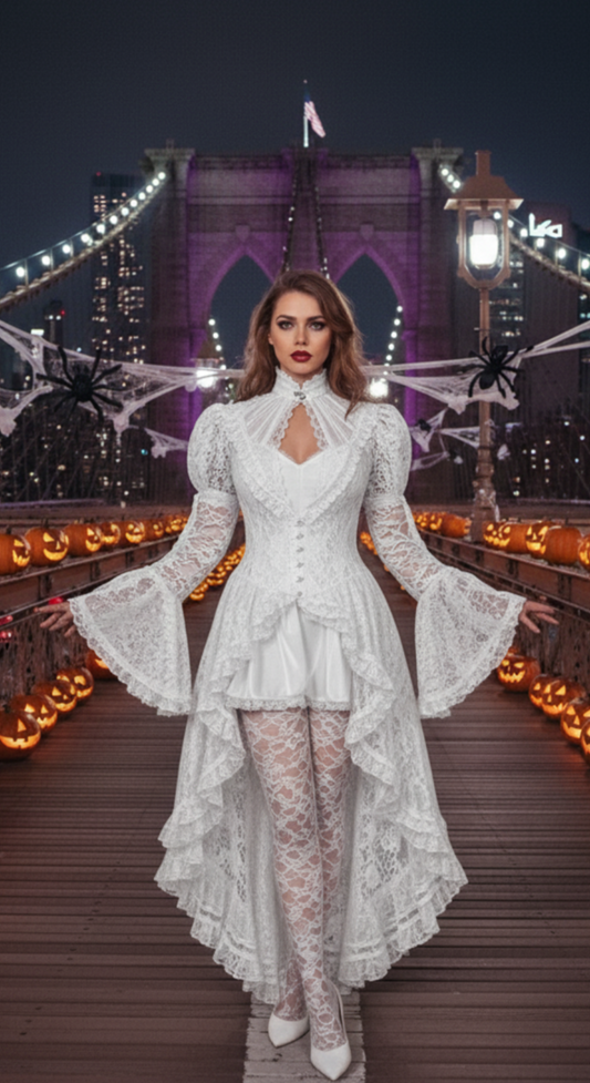Victorian Lace Gothic Dress - Lace High Neck Dress for Halloween in four colors
