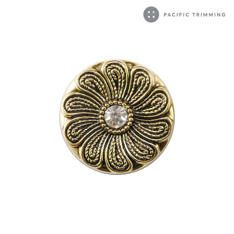 Flower Patterened Metal with Rhinestone Shank Button