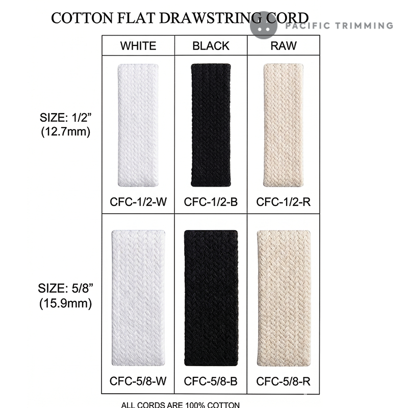 1/2", 5/8" Cotton Flat Drawstring Cord in White, Black, Raw