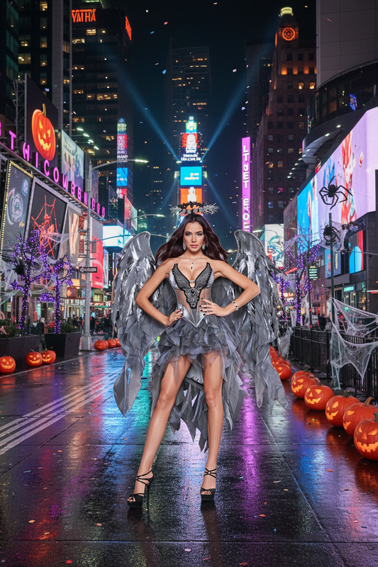 Dark Angel Costume - Silver and Grey Angelic Wings with Ruffled Skirt and Halo for Halloween
