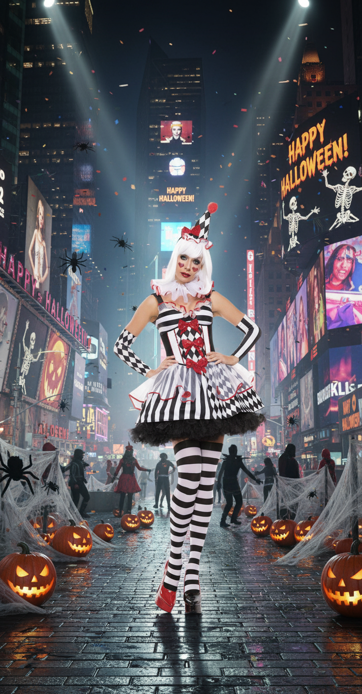 Harlequin Clown Costume - Black and White Striped Dress with Red Accents for Halloween