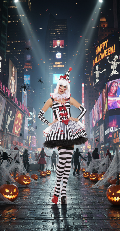 Harlequin Clown Costume - Black and White Striped Dress with Red Accents for Halloween