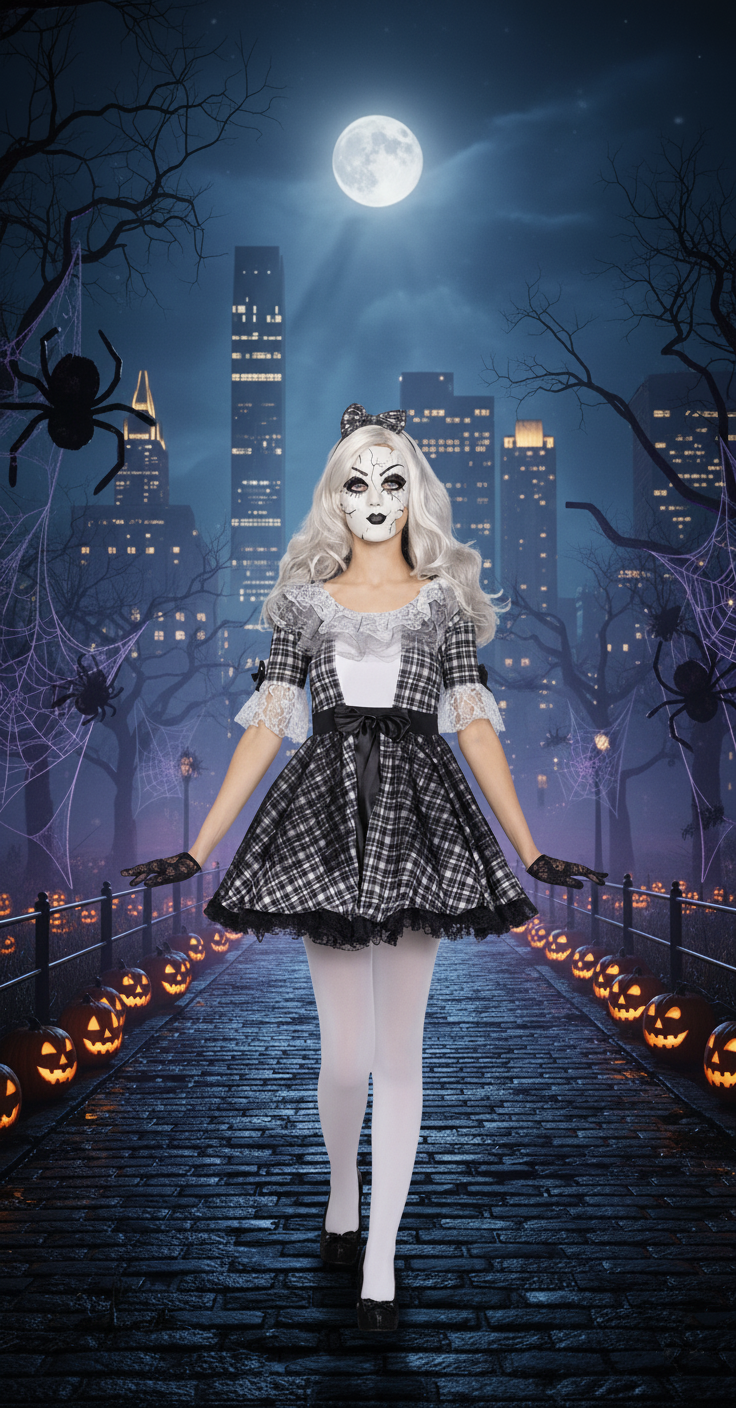 Creepy Doll Costume - Black and White Plaid Dress with Lace Accents for Halloween
