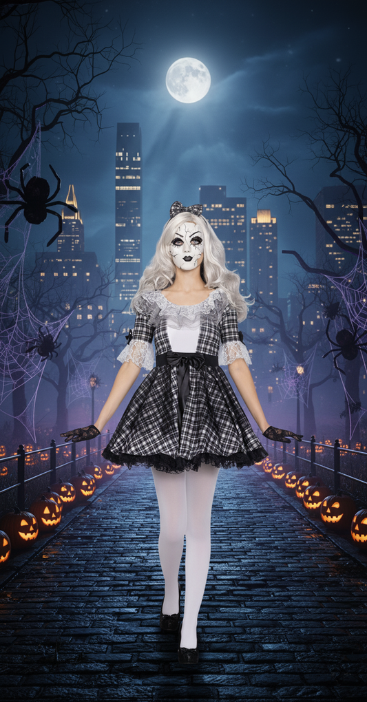 Creepy Doll Costume - Black and White Plaid Dress with Lace Accents for Halloween