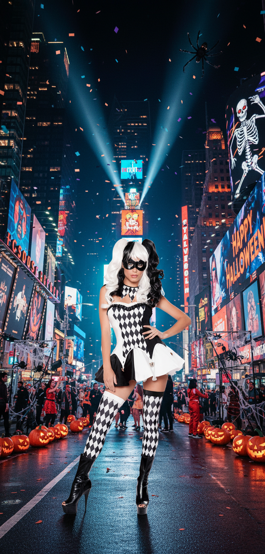 Harlequin Clown Costume - Black and White Diamond Pattern with Mask and Thigh-High Socks for Halloween