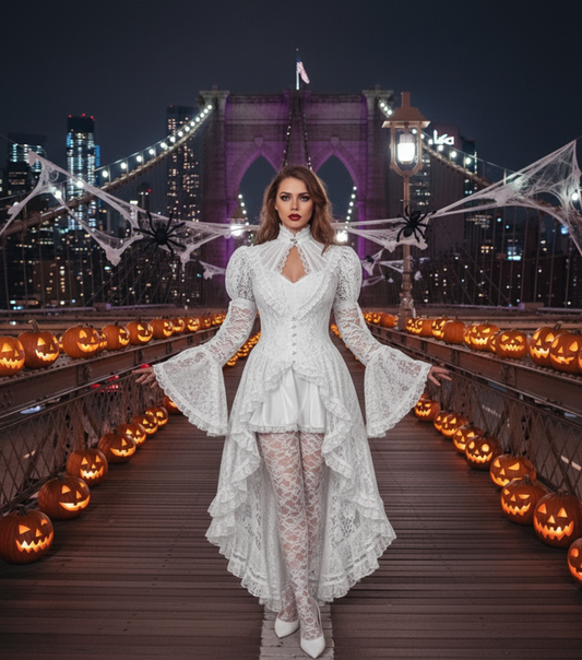Victorian Lace Gothic Dress - Lace High Neck Dress for Halloween in four colors