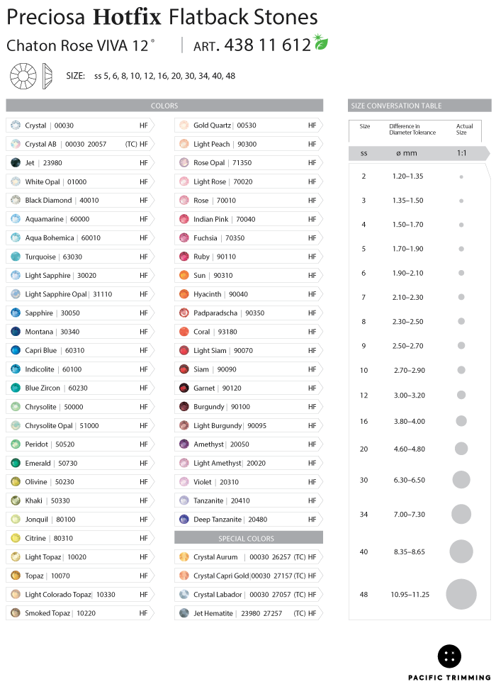 Hotfix Color Chart Preciosa Hotfix Rhinestone Multiple Colors and Sizes – Pacific Trimming