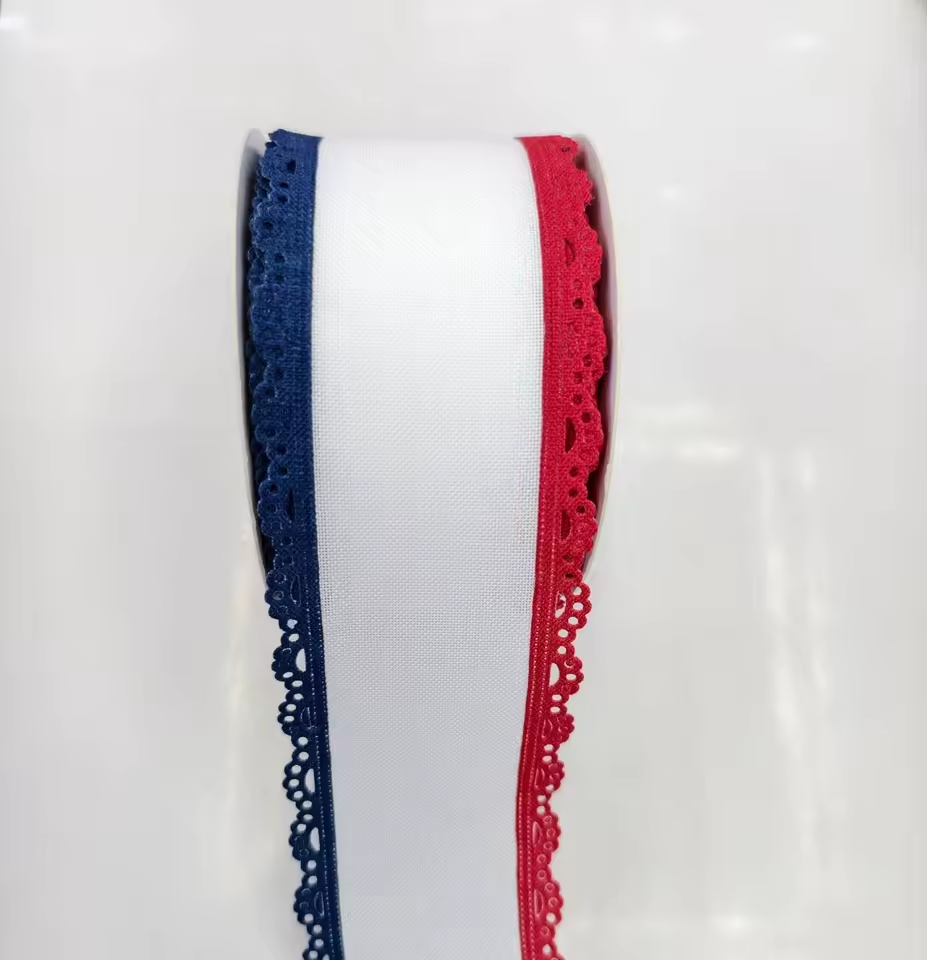 Scalloped Eyelet Lace Edge Faux Linen Wired Ribbon