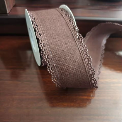 Scalloped Eyelet Lace Edge Faux Linen Wired Ribbon