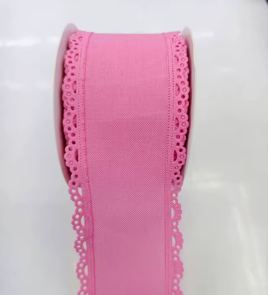 Scalloped Eyelet Lace Edge Faux Linen Wired Ribbon