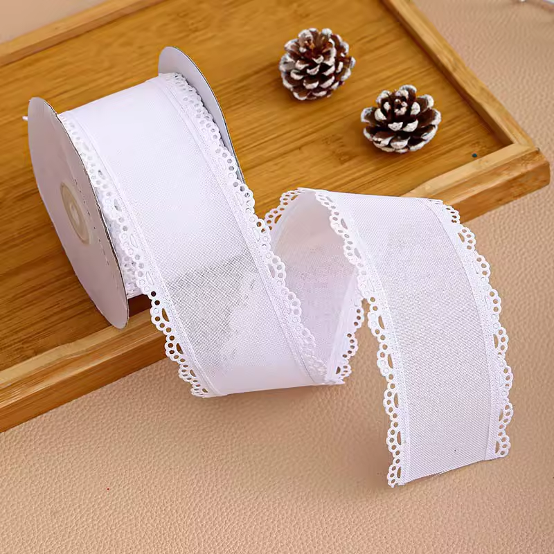 Scalloped Eyelet Lace Edge Faux Linen Wired Ribbon
