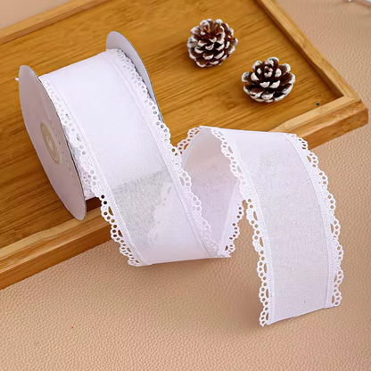 Scalloped Eyelet Lace Edge Faux Linen Wired Ribbon