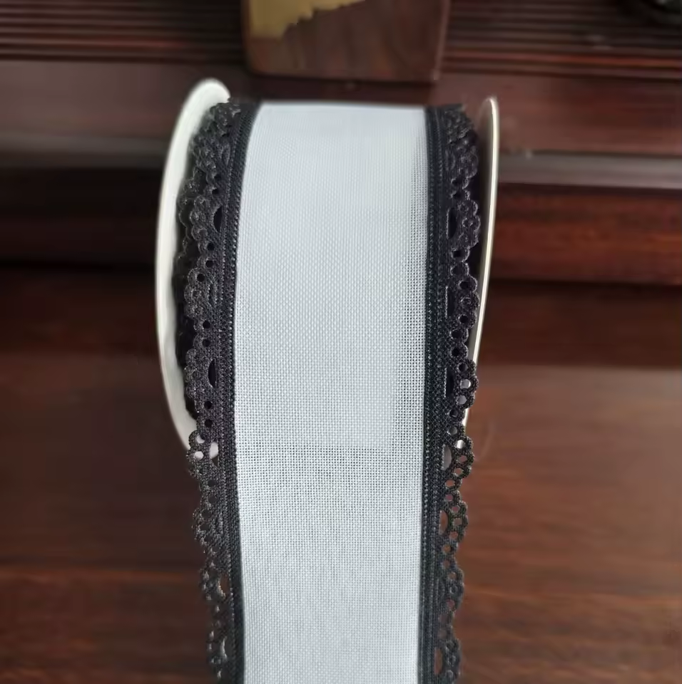 Scalloped Eyelet Lace Edge Faux Linen Wired Ribbon