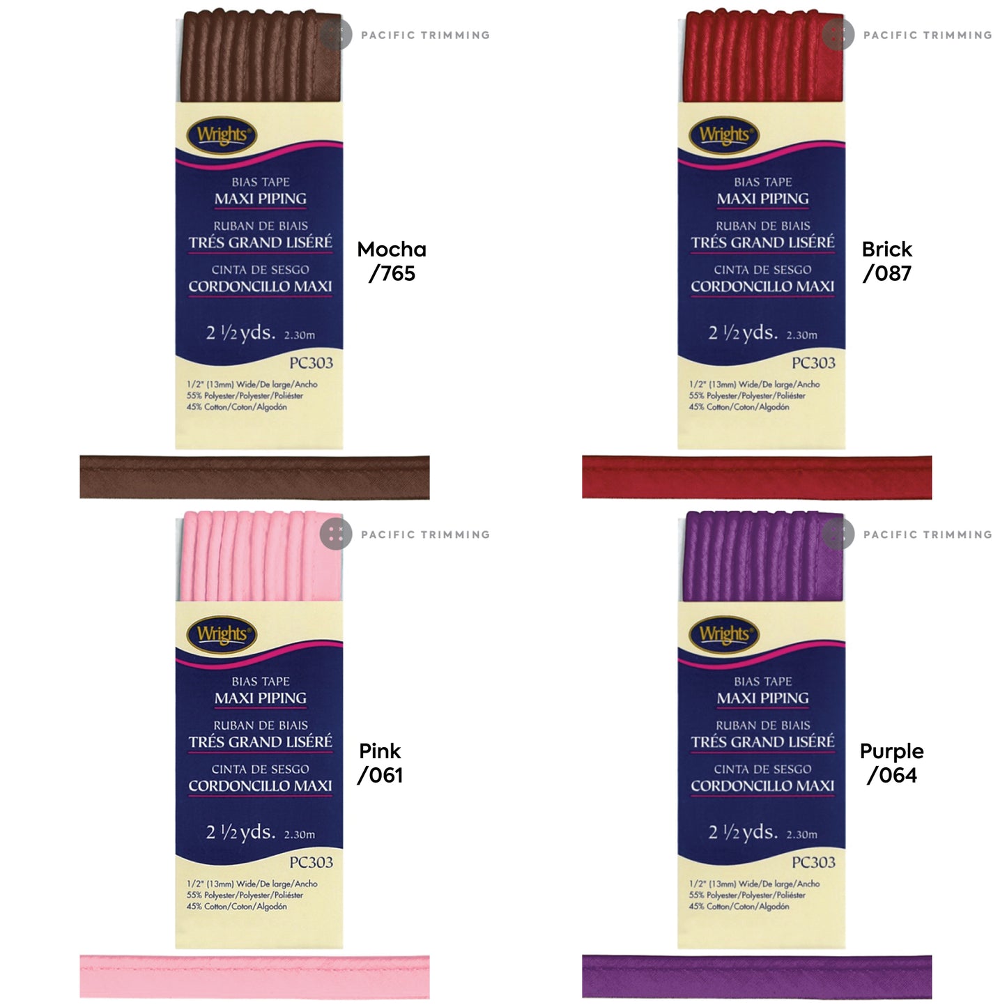 Wrights Maxi Piping Bias Tape 1/2" Multiple Colors