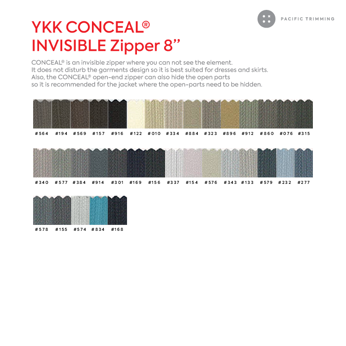 #2 YKK Conceal Invisible Zipper Closed End 8"