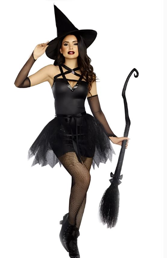 Sexy Witch Costume - Black Strappy Dress with Tulle Skirt and Witch Hat for Halloween