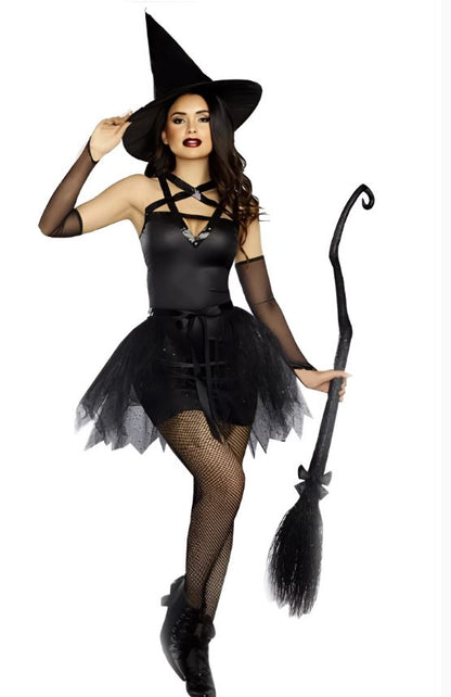 Sexy Witch Costume - Black Strappy Dress with Tulle Skirt and Witch Hat for Halloween