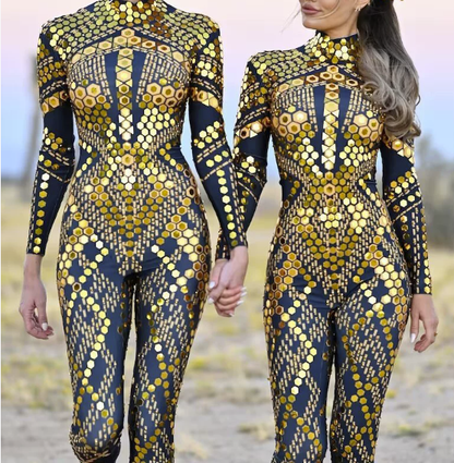 Mirror Festival Jumpsuit, Gold Boho Chic Sequin Romper for Festivals