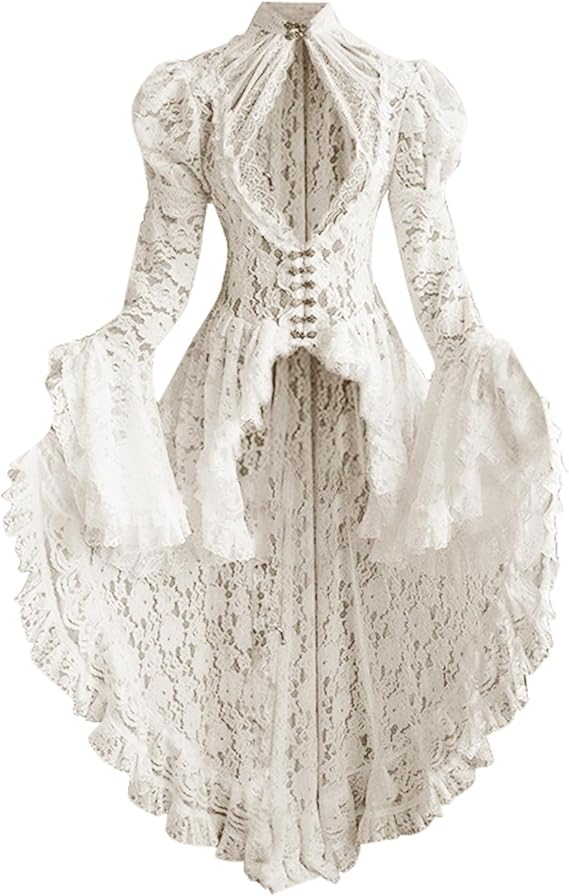 Victorian Lace Gothic Dress - Lace High Neck Dress for Halloween in four colors