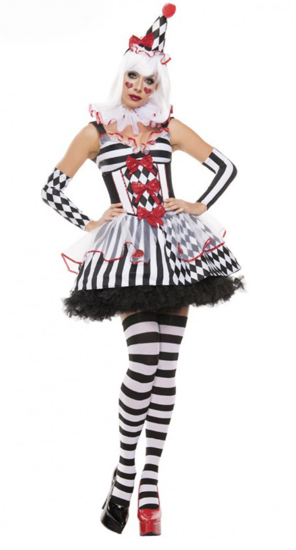 Harlequin Clown Costume - Black and White Striped Dress with Red Accents for Halloween