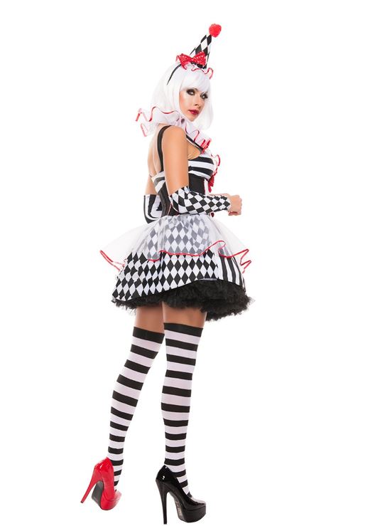 Harlequin Clown Costume - Black and White Striped Dress with Red Accents for Halloween
