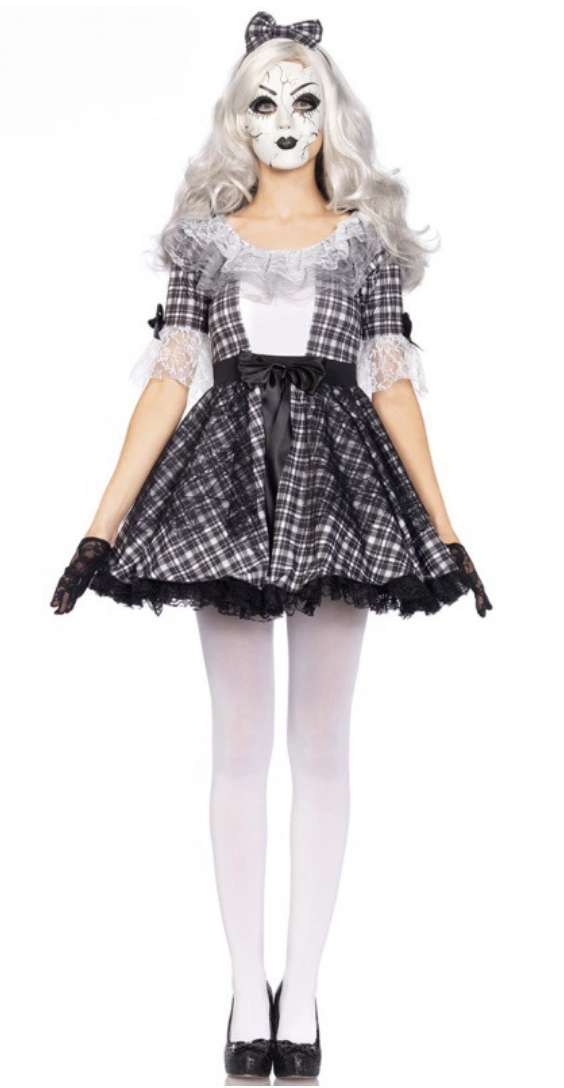 Creepy Doll Costume - Black and White Plaid Dress with Lace Accents for Halloween