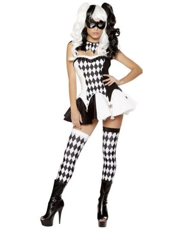 Harlequin Clown Costume - Black and White Diamond Pattern with Mask and Thigh-High Socks for Halloween