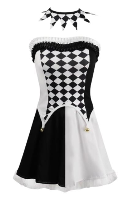 Harlequin Clown Costume - Black and White Diamond Pattern with Mask and Thigh-High Socks for Halloween