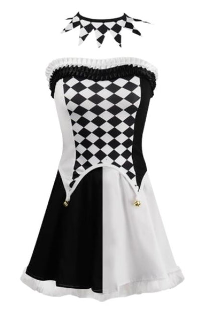 Harlequin Clown Costume - Black and White Diamond Pattern with Mask and Thigh-High Socks for Halloween